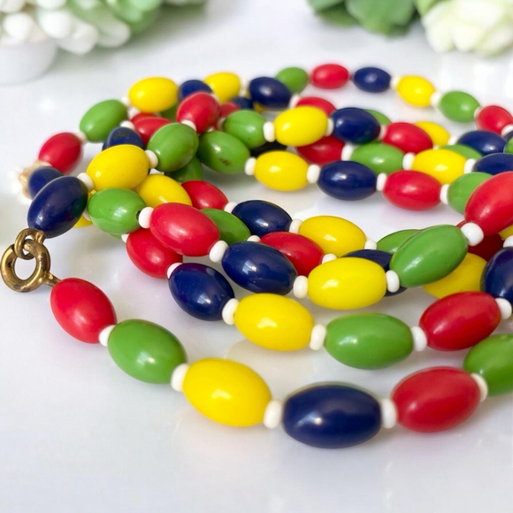 Long Antique Art Deco Czech Harlequin Multicolour Glass Flapper Necklace 40” - Picture 4 of 5